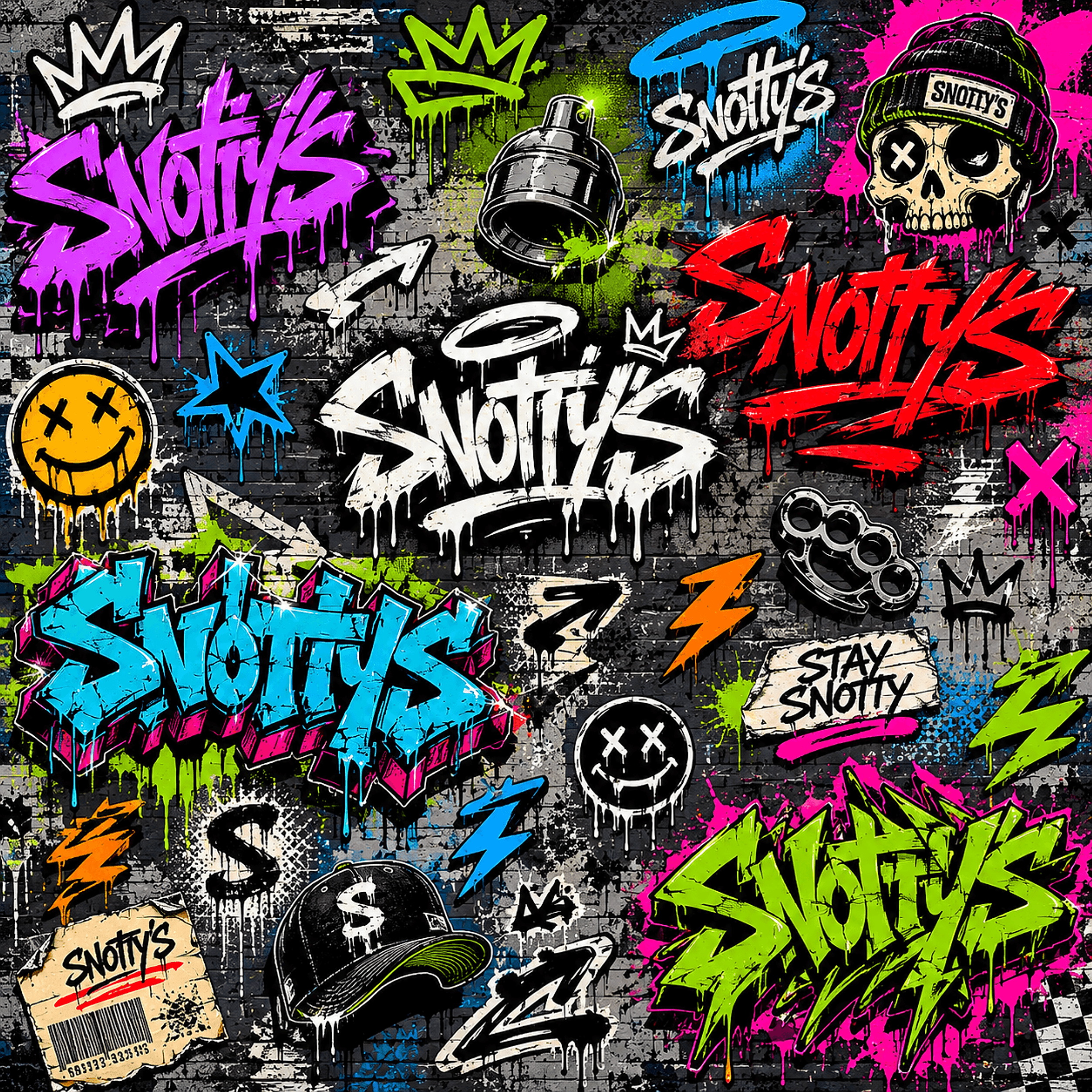 Carry the contamination. All-over-print bags buried in the graffiti tag wall — backpacks, duffles, totes, and everything you sling over a shoulder.