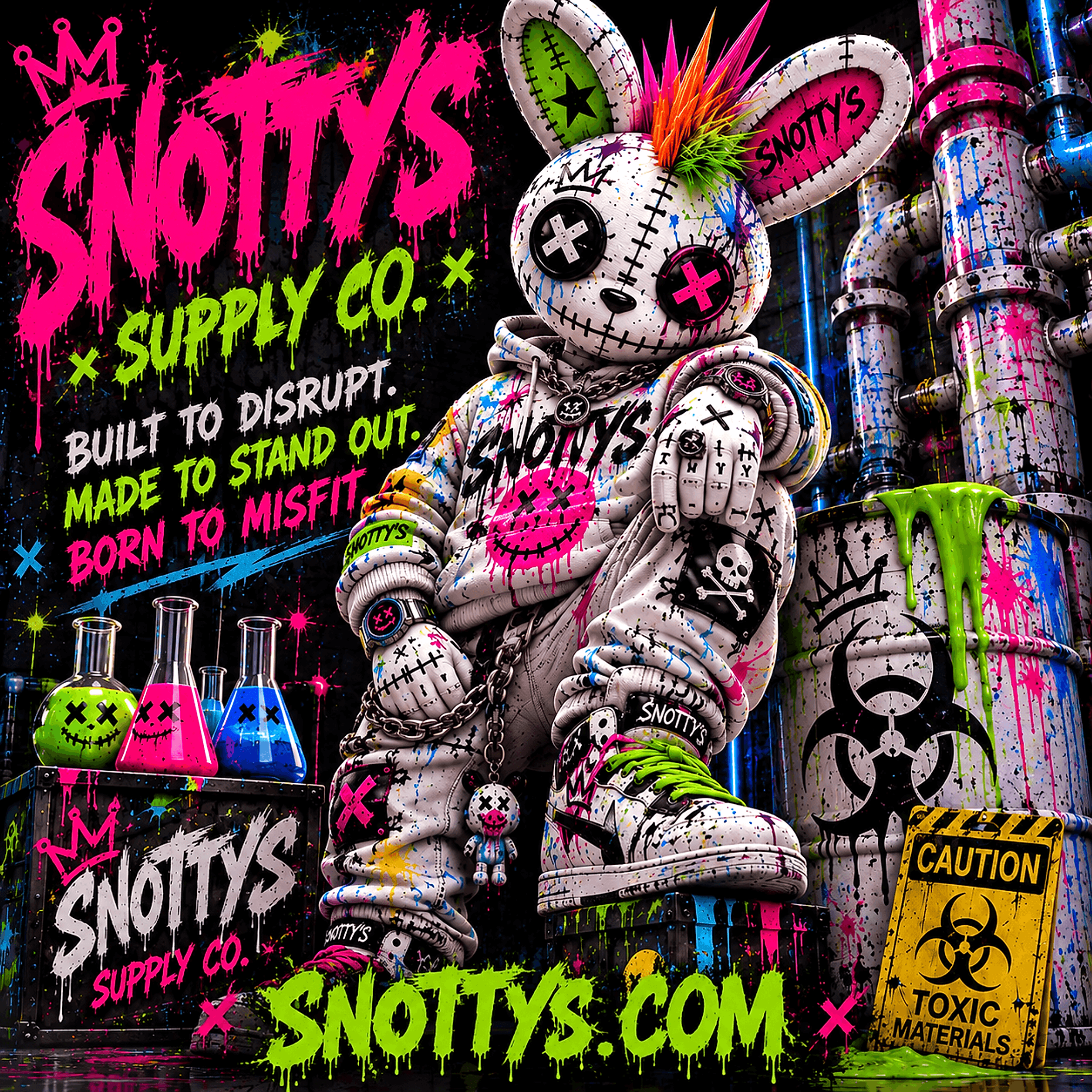 Snotty's Supply Co. — a punk stitched bunny with a rainbow mohawk in the Drip Factory, surrounded by toxic barrels and neon flasks. Built to disrupt. Made to stand out. Born to misfit.