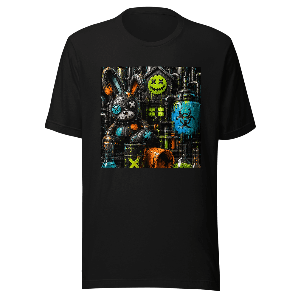 Black tee with the Bunny Lab print — patchwork bunny beside a lime XX smiley and biohazard barrel