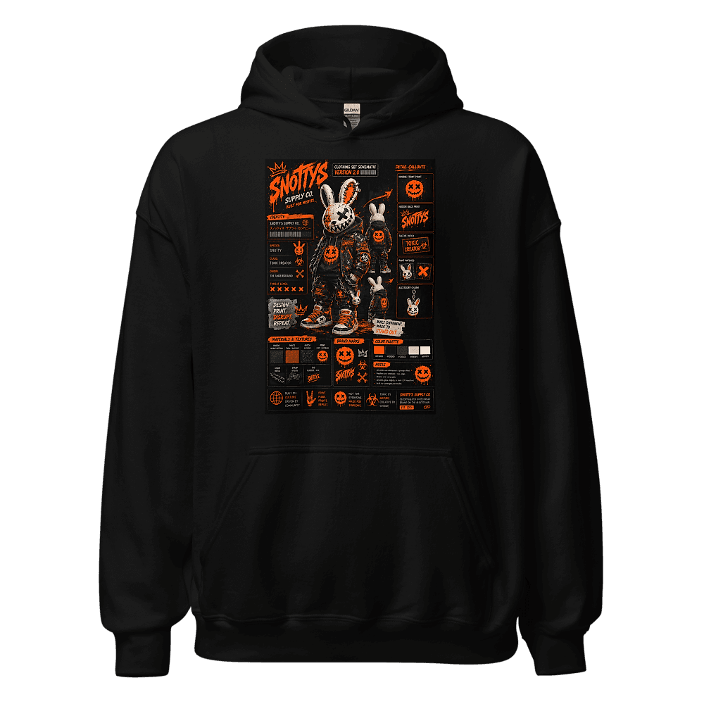 Black hoodie printed with a clothing-set schematic for a stitched white-and-orange bunny figure with jagged teeth