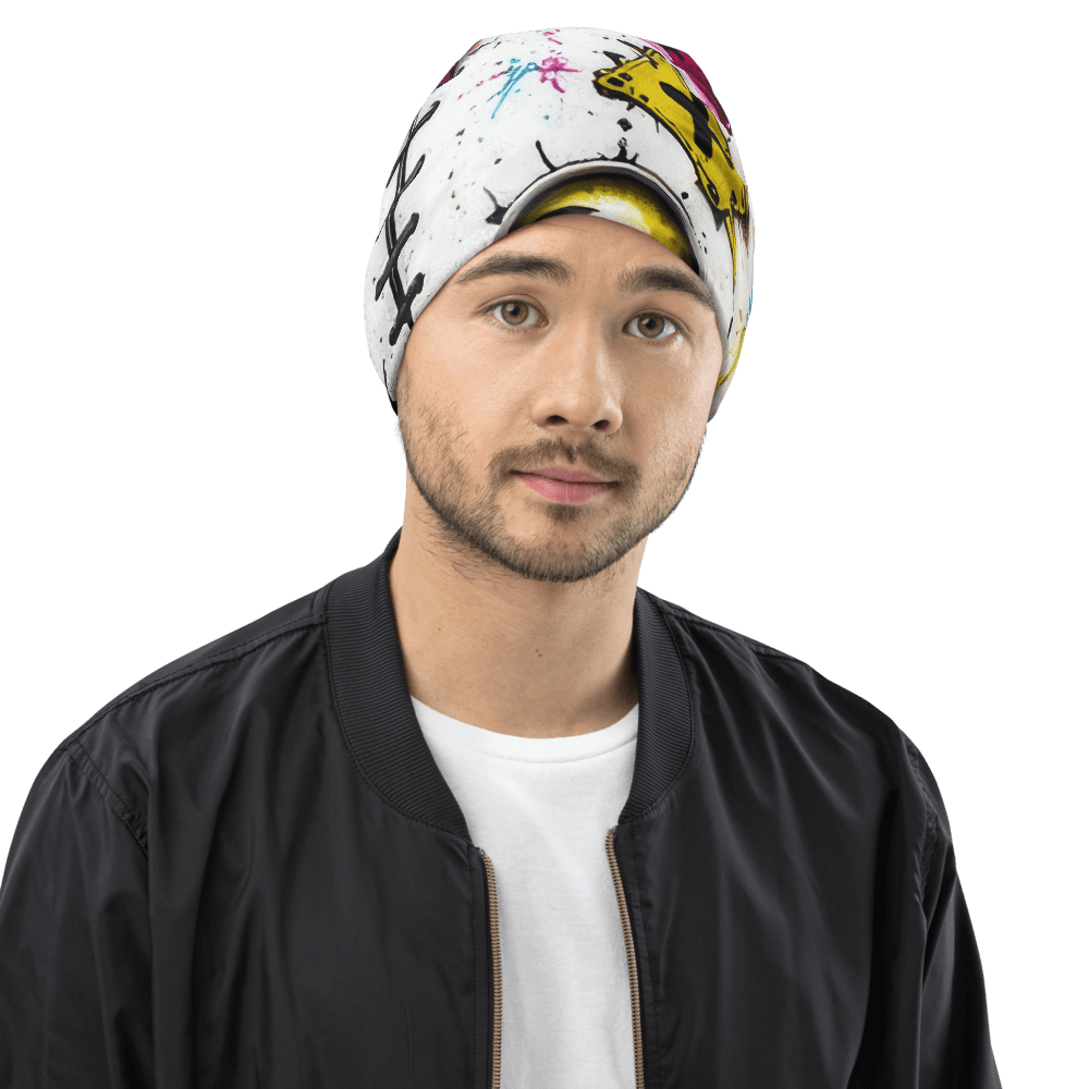 All-over print beanie with the CMYK stitched Chaos Bunny face and horns