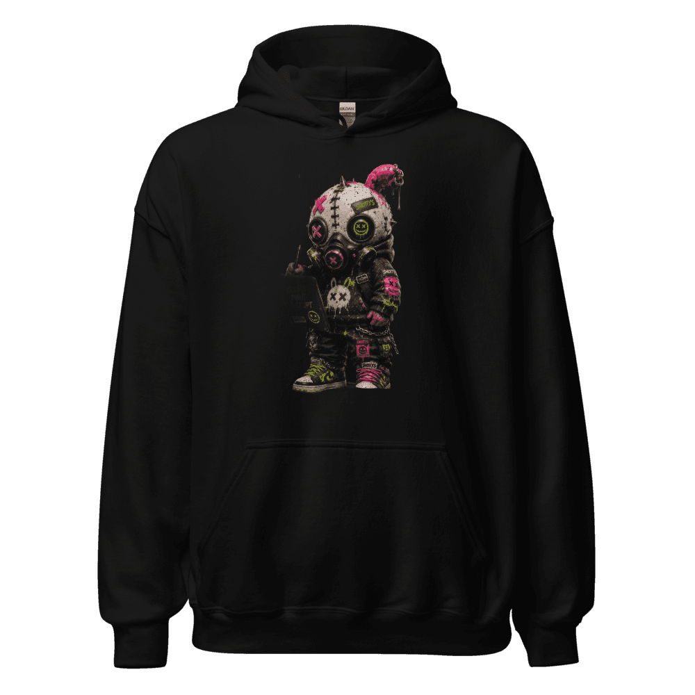 Black hoodie printed with a spiked gas-mask figure holding a tablet reading CREATE PRINT DISRUPT