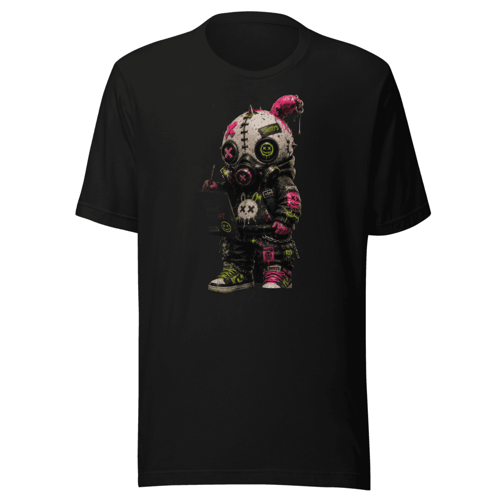 Black tee printed with a spiked gas-mask figure in a studded jacket holding a tablet reading CREATE PRINT DISRUPT