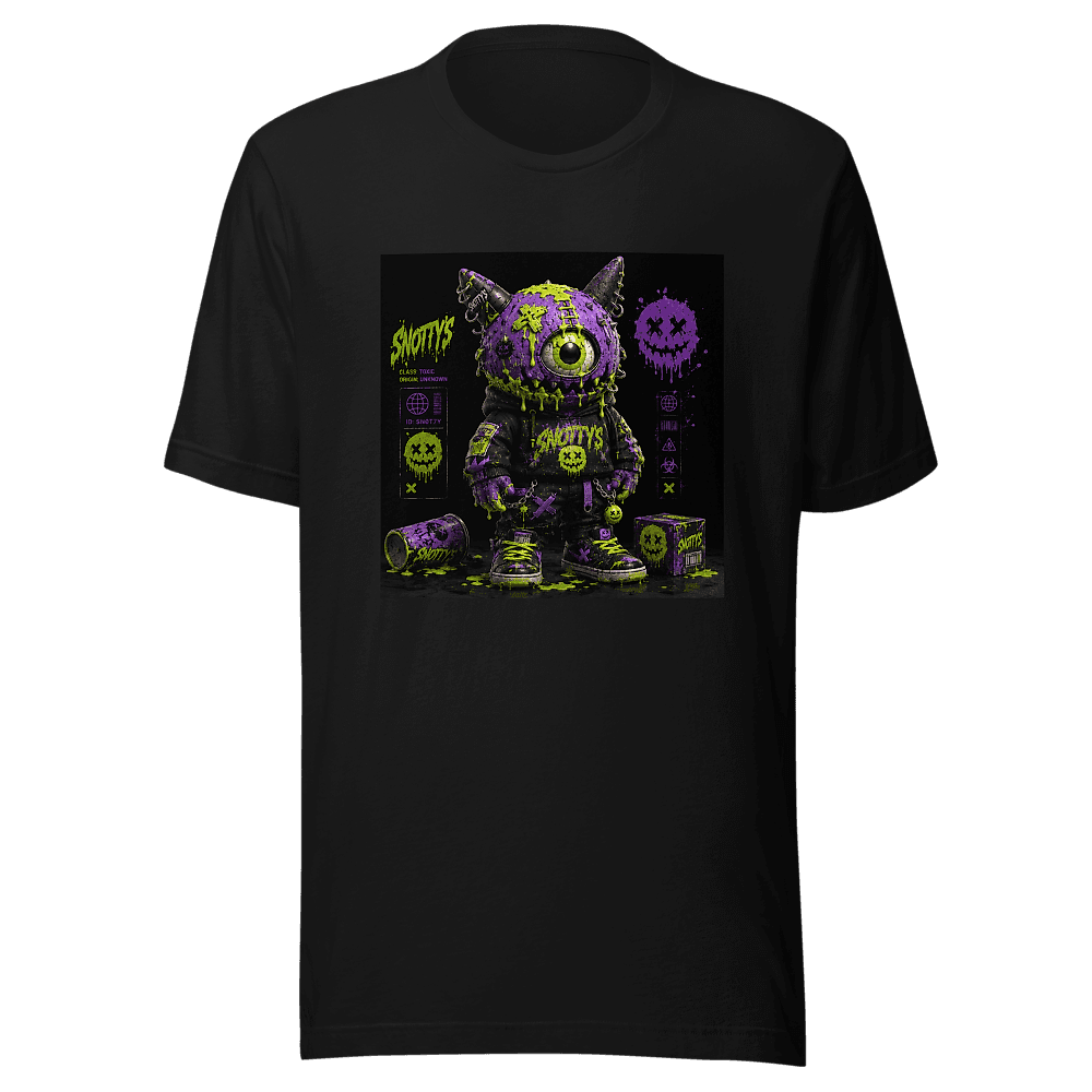 Black tee printed with a purple one-eyed horned figure dripping lime slime, ID tag reading SN0T7Y