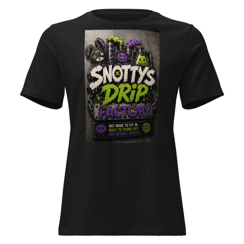 Black women's tee with the Drip Factory Crest print