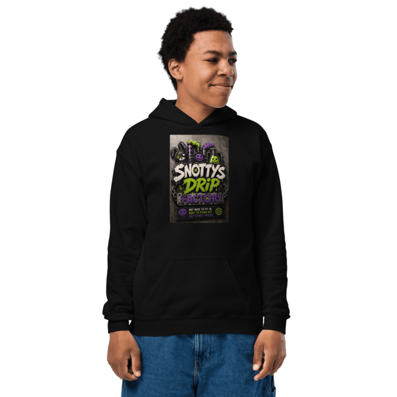Black youth hoodie with the Drip Factory Crest print