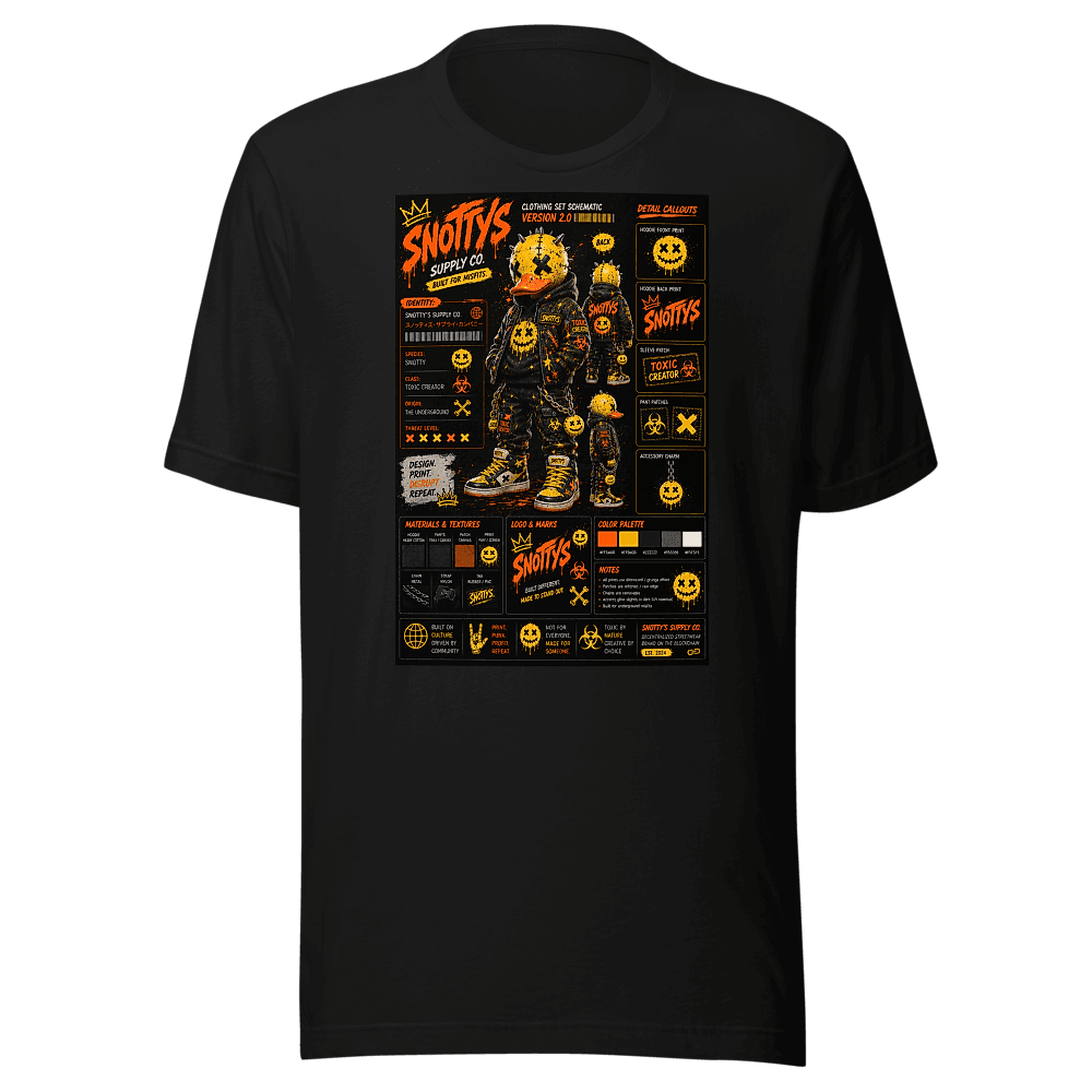 Black tee printed with a full factory clothing-set schematic for a stitched yellow duck figure in a patched black hoodie