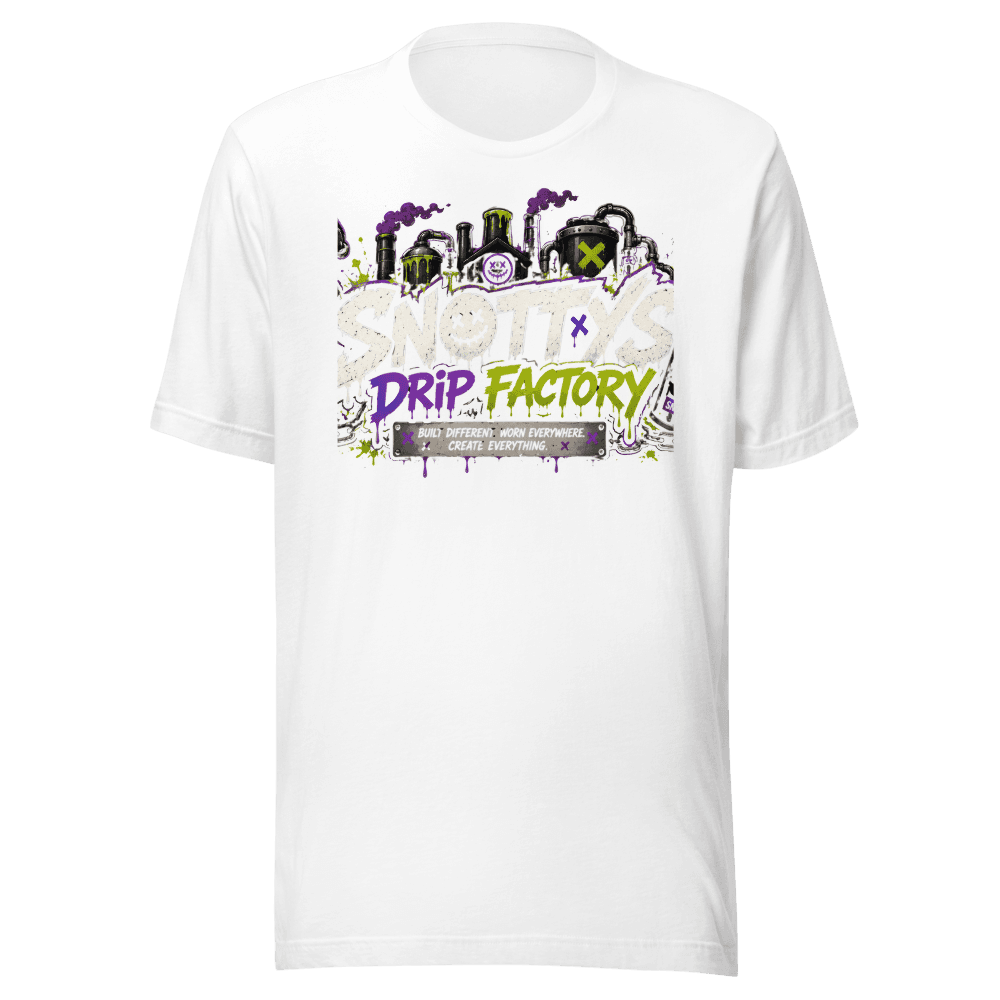 White tee printed with the Snotty's Drip Factory lockup — dripping wordmark, smokestacks, and a slime-covered spray can