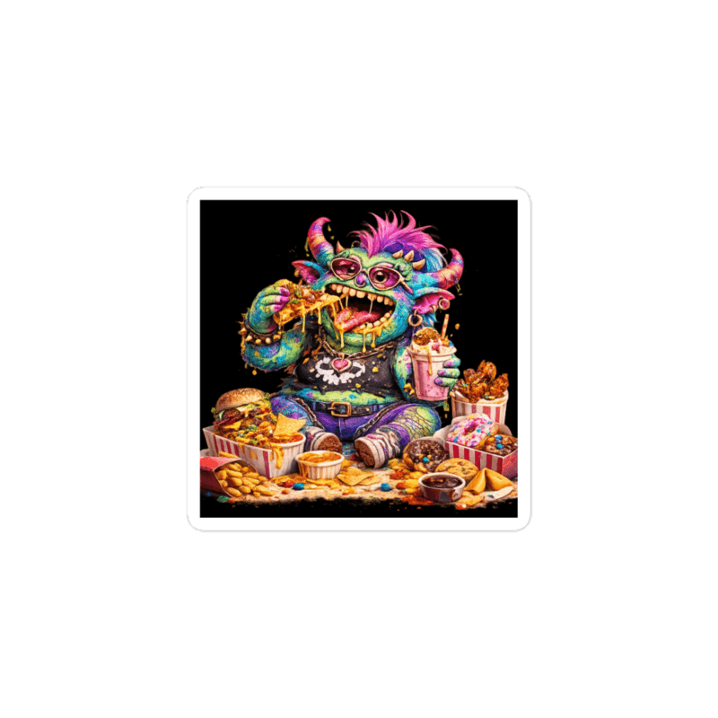 A horned rainbow troll feasting on a mountain of fast food