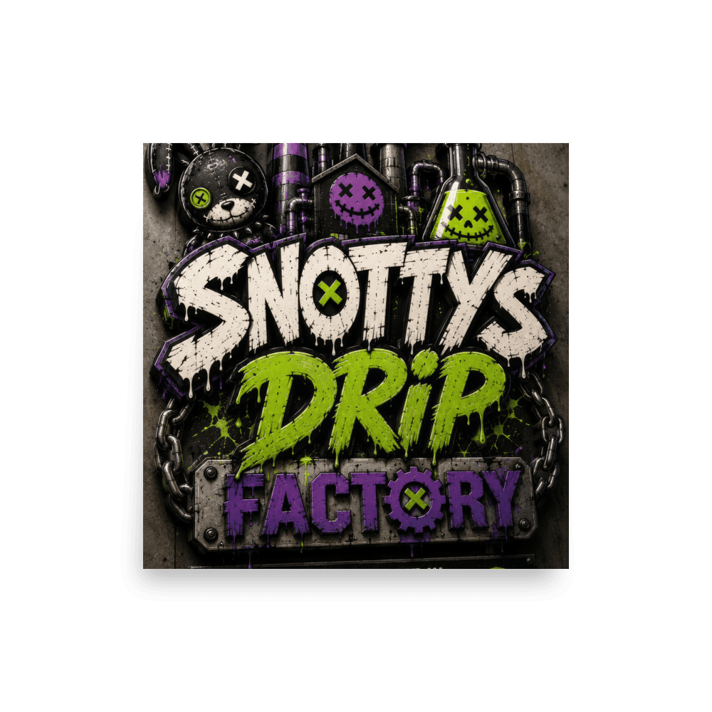 Matte square poster of the sculpted 3D Snotty's Drip Factory lockup with chains and dripping slime