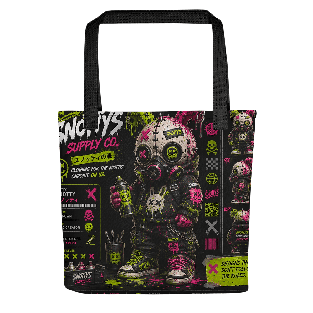 All-over print tote bag with the gas mask bunny figure