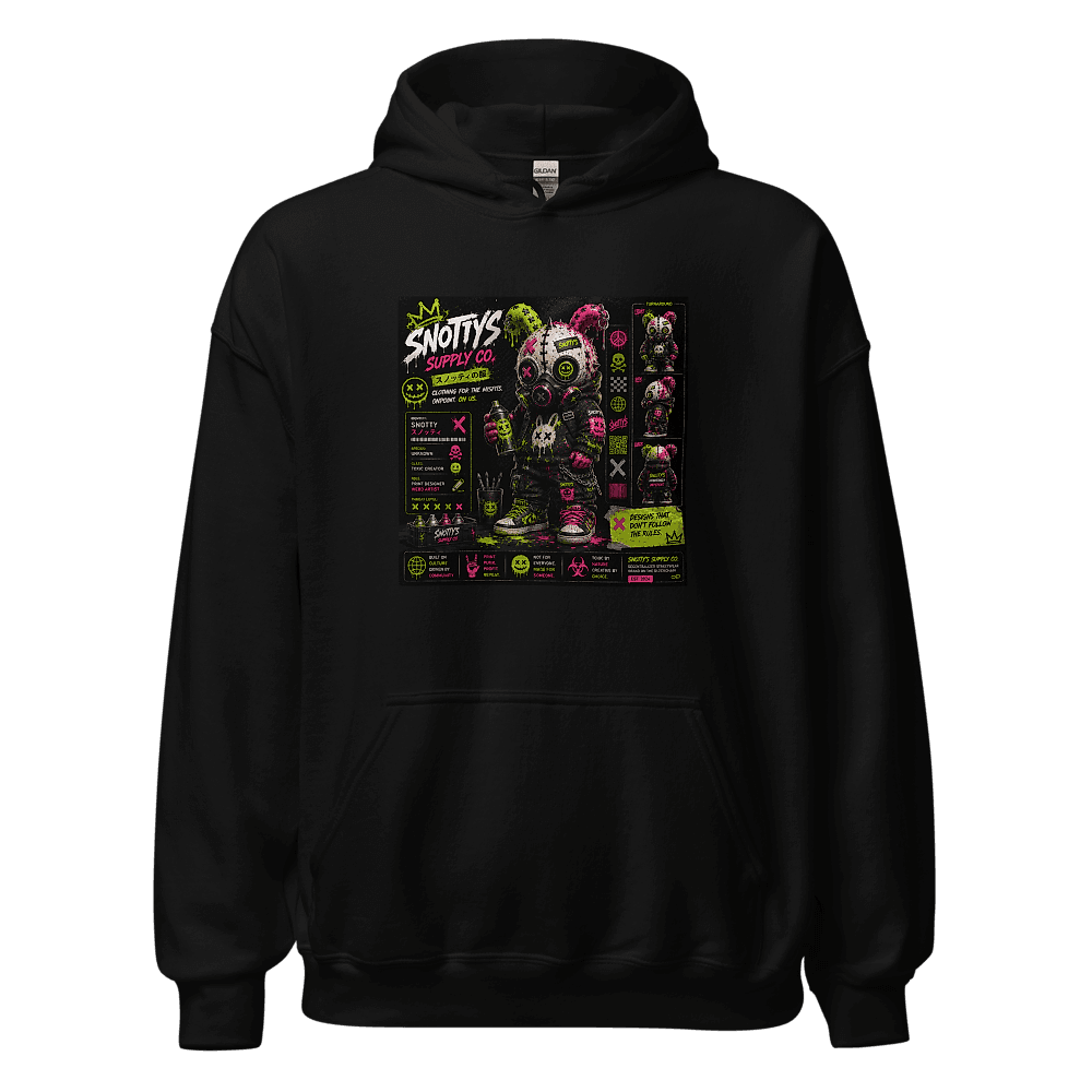 Black hoodie printed with a stitched bunny figure in a gas mask holding a spray can, with a full turnaround panel