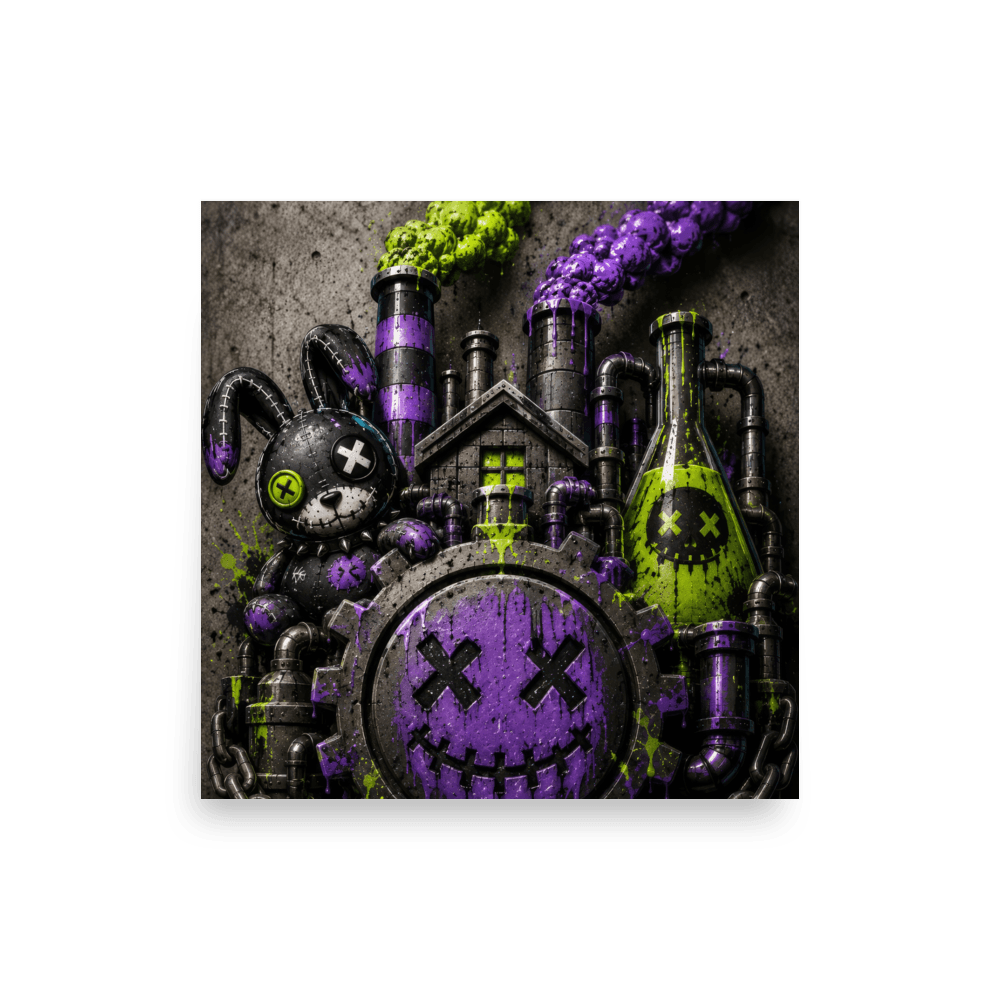 Matte square poster of a sculpted purple gear smiley with a stitched bunny and lime flask on concrete