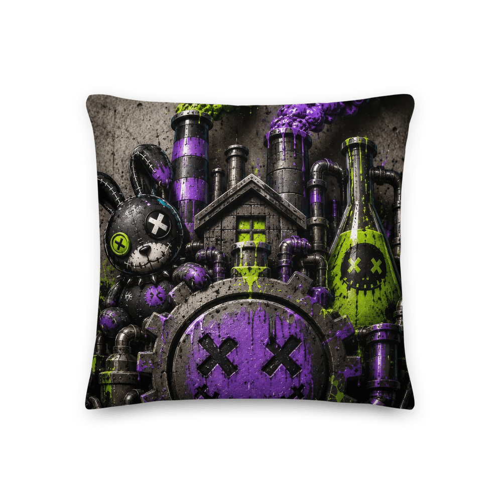 Square throw pillow printed both sides with the purple XX gear smiley and stitched bunny on concrete