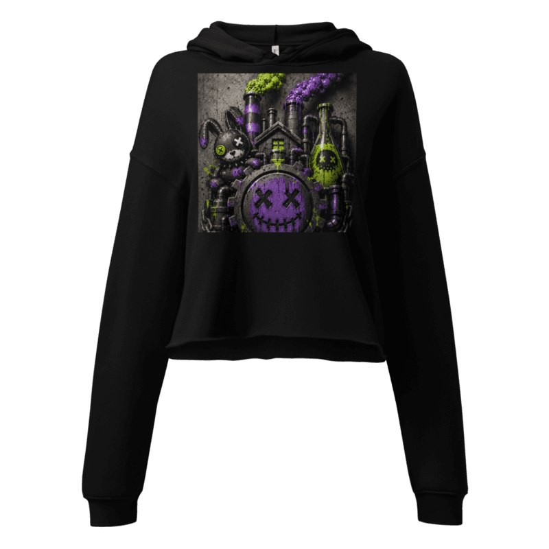 Black women's cropped hoodie with the Gear Smiley print
