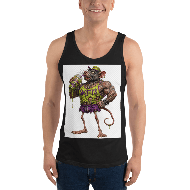 Gnaw, a heavily muscled rat in a Snotty's tank, drinking a protein shake