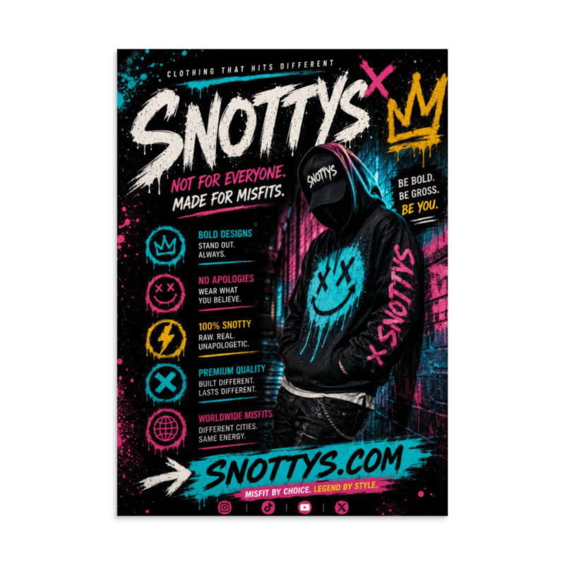 Matte A3 poster of a hooded figure in Snotty's gear leaning on a neon graffiti wall, face hidden in shadow — cyan and pink