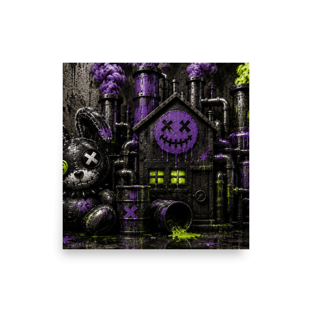 Matte square poster of the purple-and-lime factory house at night with a stitched bunny