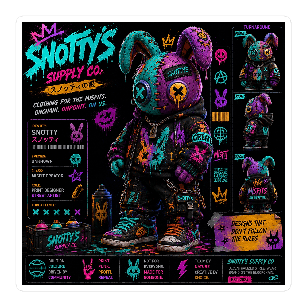 Kiss-cut sticker of the teal-and-purple patchwork bunny figure