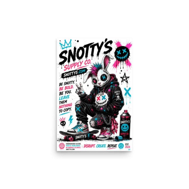 Matte 12×18 poster of the pink-and-cyan mohawk bunny throwing a peace sign on white