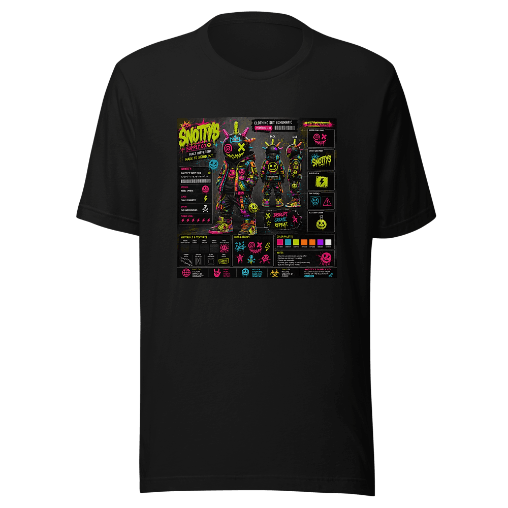 Black tee printed with a neon clothing-set schematic for a spiked sphere figure in a patch-covered jacket