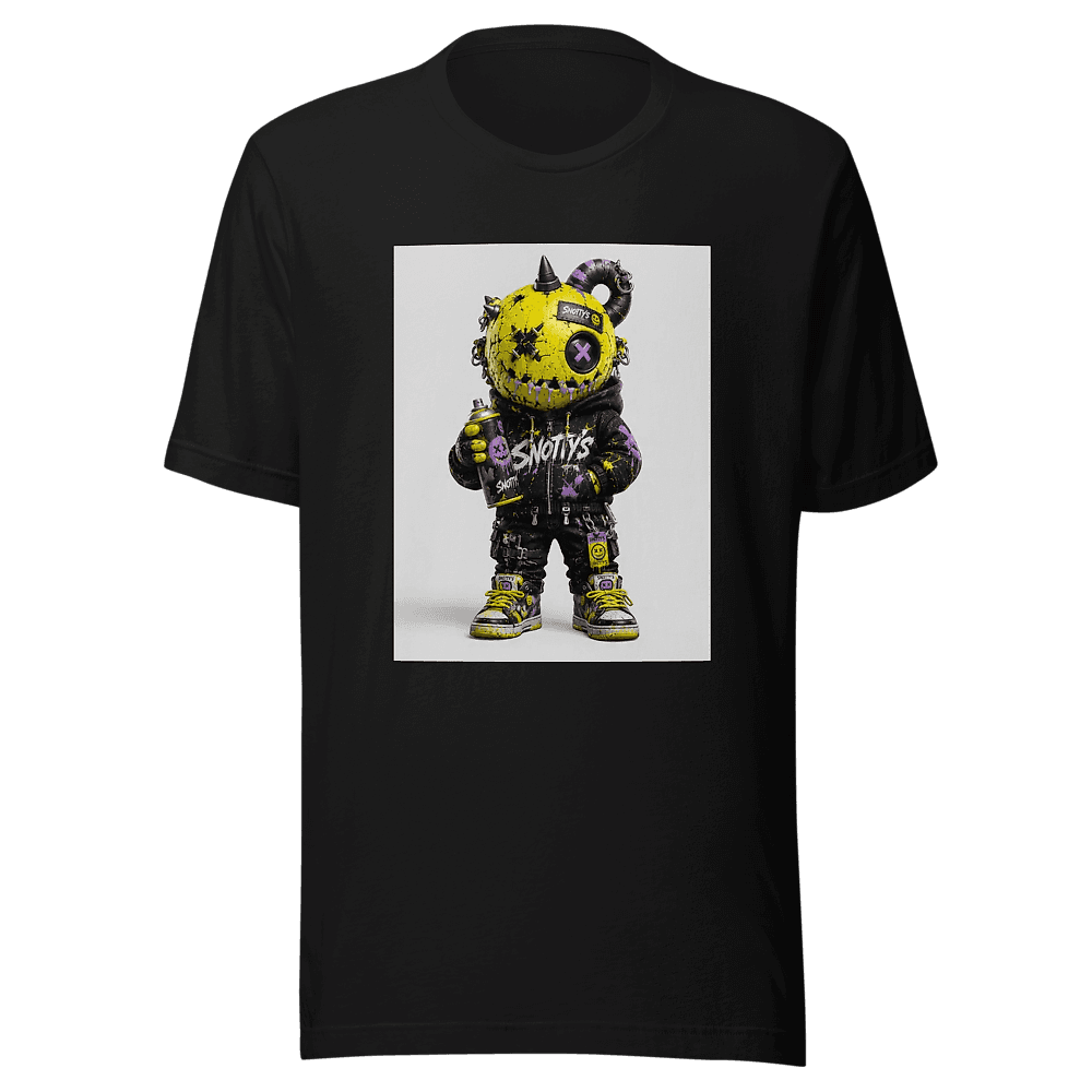 Black tee printed with Sour, Decoy Unit 01 — a cracked yellow vinyl figure holding a spray can