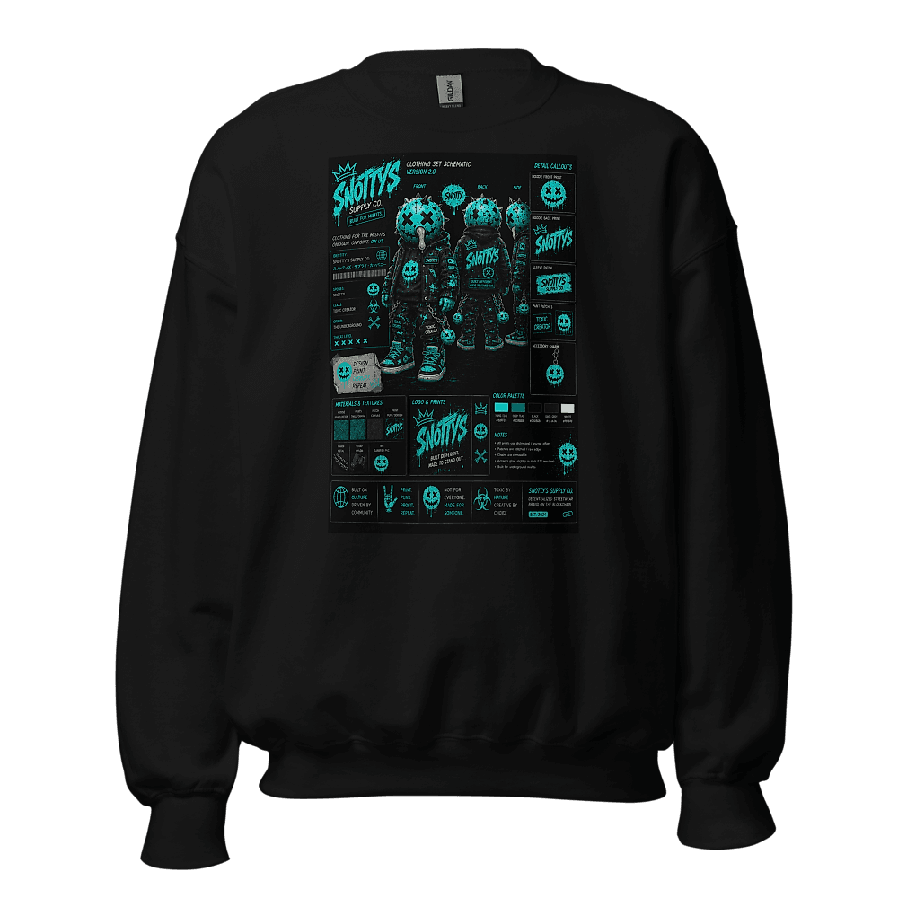 Black crewneck printed with a teal clothing-set schematic for a spiked orb-headed figure dripping green slime