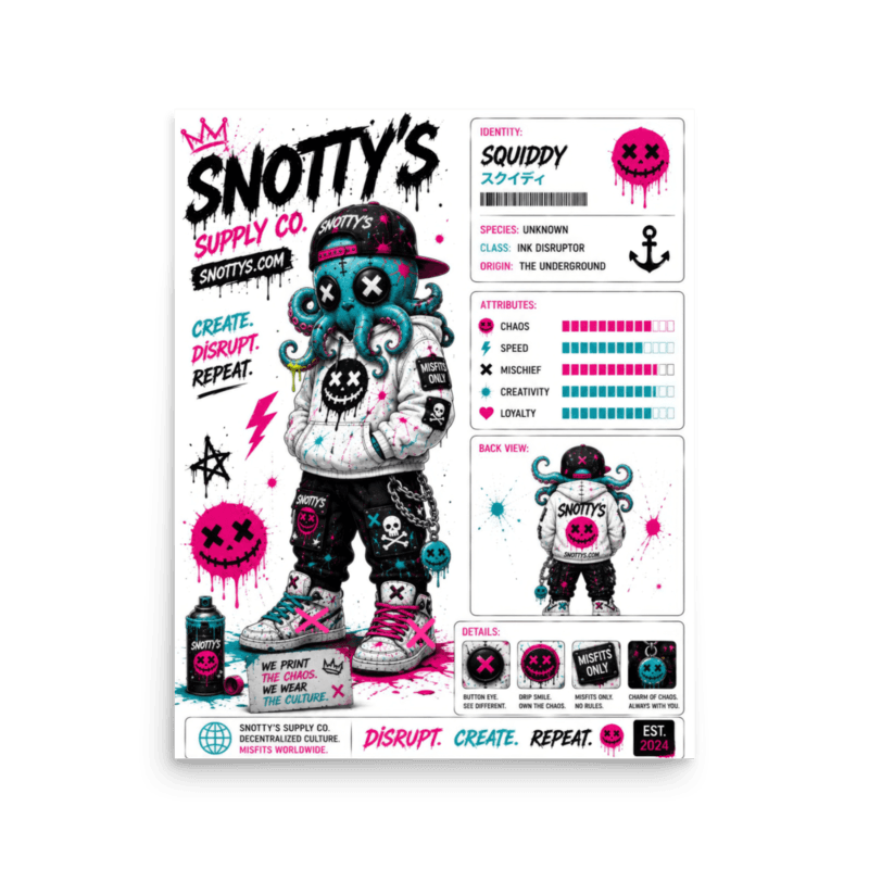 Matte 16×20 poster of Squiddy, the cyan octopus-headed Ink Disruptor, on a white spec sheet