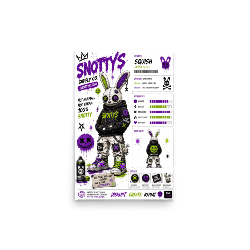 Matte 12×18 poster of Squish, the white-purple-lime stitched bunny Chaos Catalyst