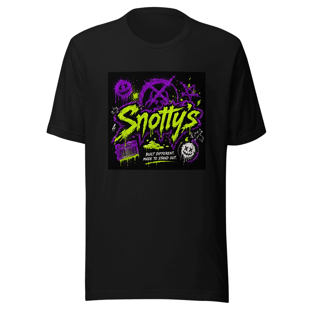 Snotty's wordmark in dripping lime over purple splatter with a Stay Snotty barcode ticket