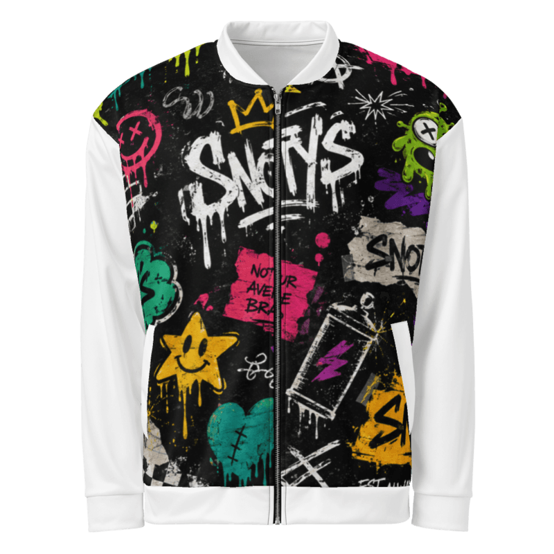 All-over-print bomber jacket sticker-bombed with Snotty's tags, skulls, a skateboard, and NOT YOUR AVERAGE BRAND