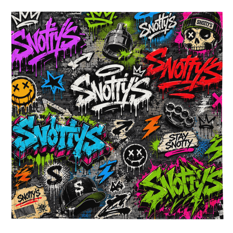 All-over-print bandana covered in neon Snotty's graffiti tags