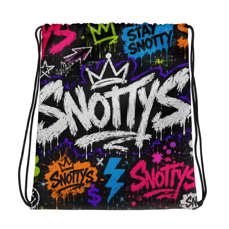 All-over-print cinch drawstring bag covered in neon Snotty's graffiti tags, a boombox, and spray-paint splatter