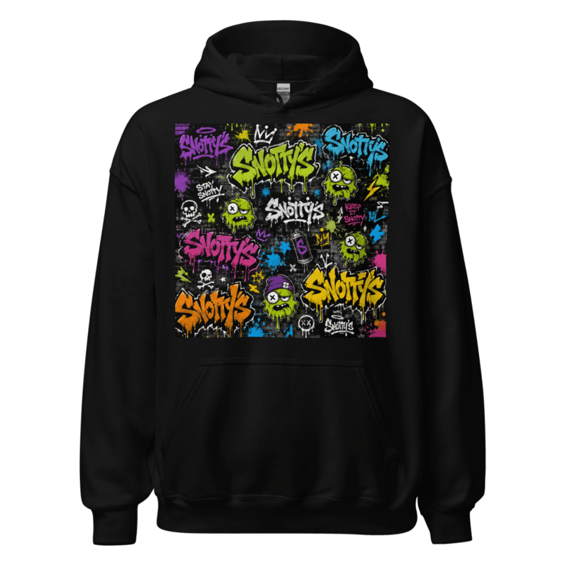 Heavyweight black hoodie buried in neon Snotty's graffiti tags, drip monsters, crowns, and lightning bolts