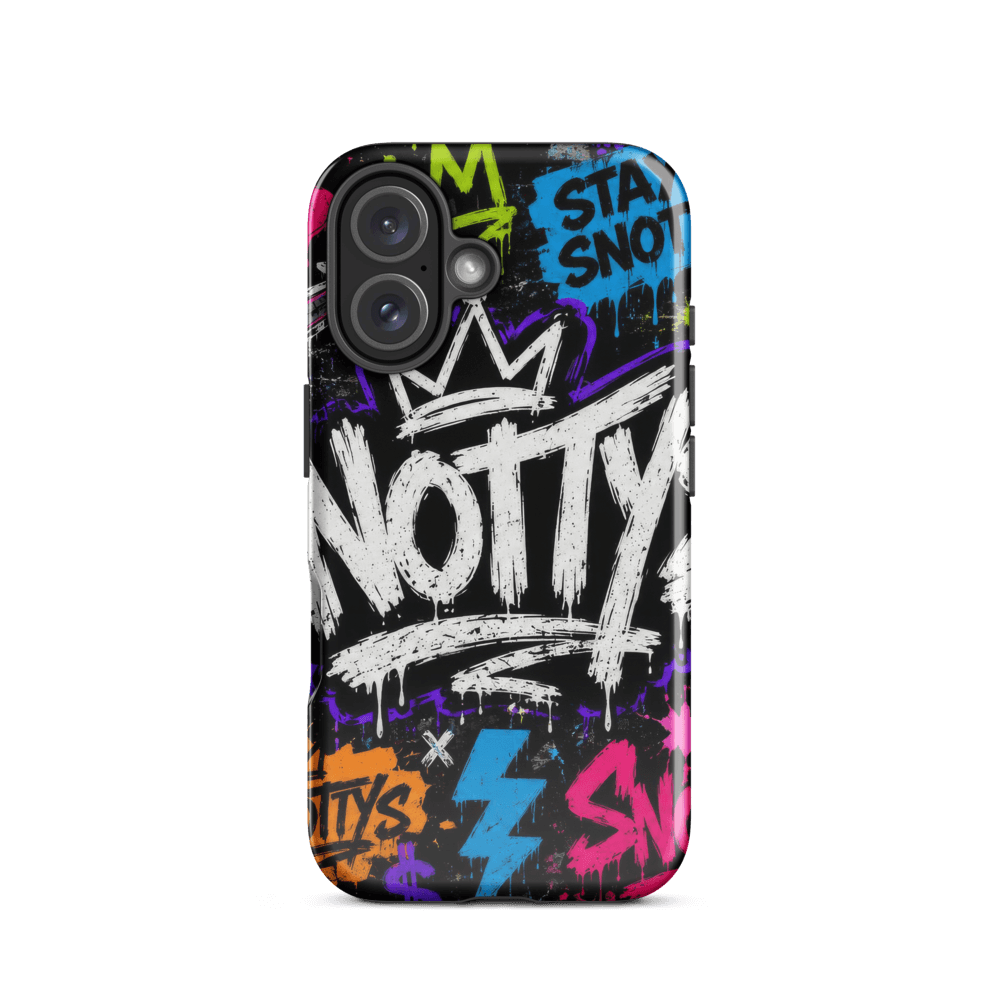 Tough iPhone case printed with the Snotty's graffiti wordmark, crown, and STAY SNOTTY tag