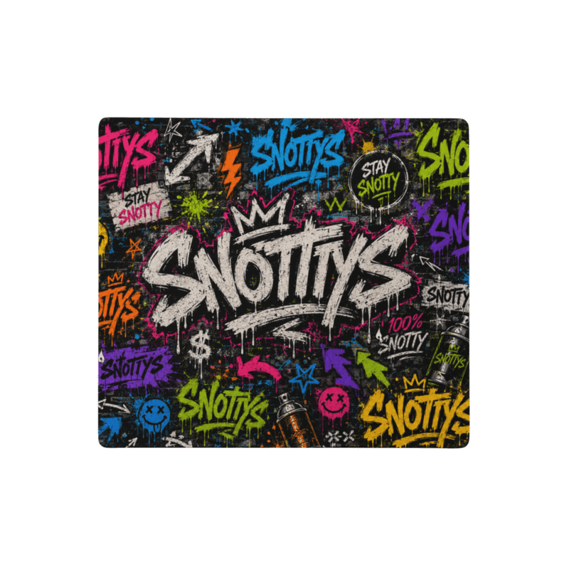 Rectangular mouse pad printed with the neon Snotty's graffiti tag wall, spray cans and all
