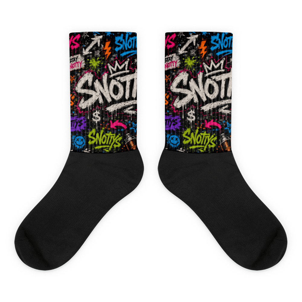 Black-foot sublimated socks printed with neon Snotty's graffiti tags and crowns