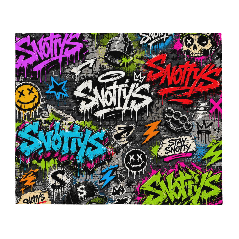 Throw blanket printed with the neon Snotty's graffiti tag collage
