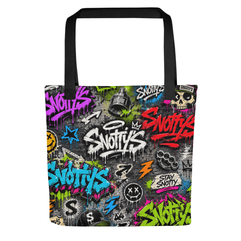 All-over-print tote bag covered in neon Snotty's graffiti tags and drip smileys