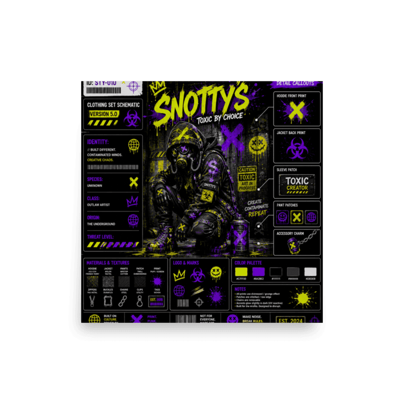 Matte wall poster of a yellow-and-purple Snotty's clothing-set schematic — a gas-mask figure with full detail callouts