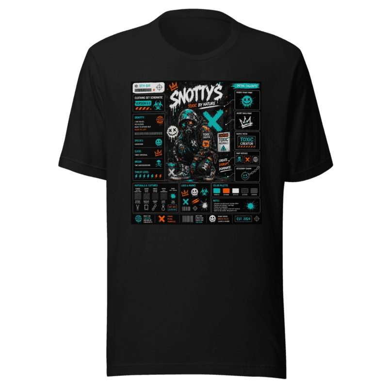 Black tee printed with a teal-and-pink Snotty's clothing-set schematic — a crouching capped figure with detail callouts