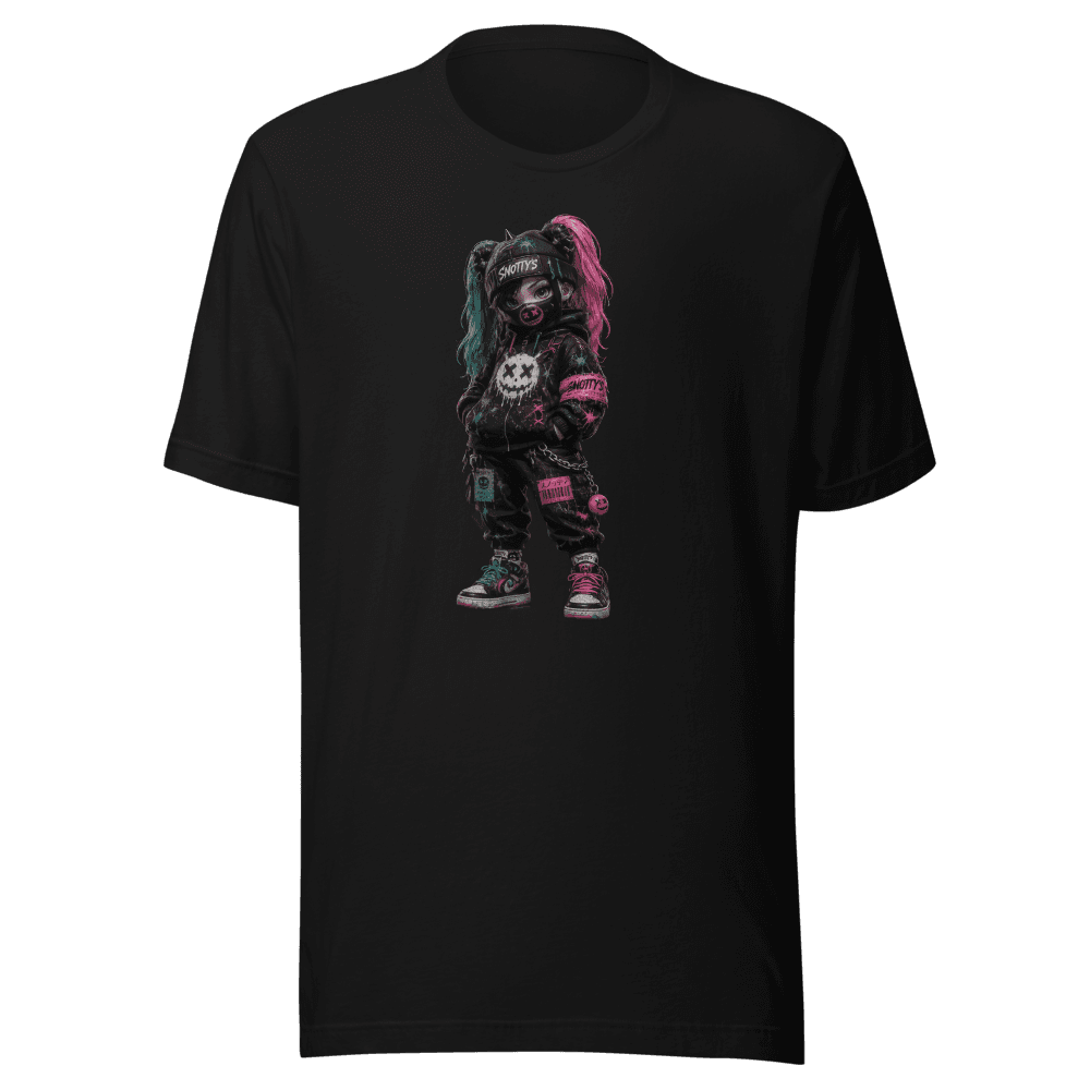 Black tee printed with a pink-and-teal-haired punk kid in a SNOTTY'S cap and bandana mask, black smiley hoodie and cargo pants