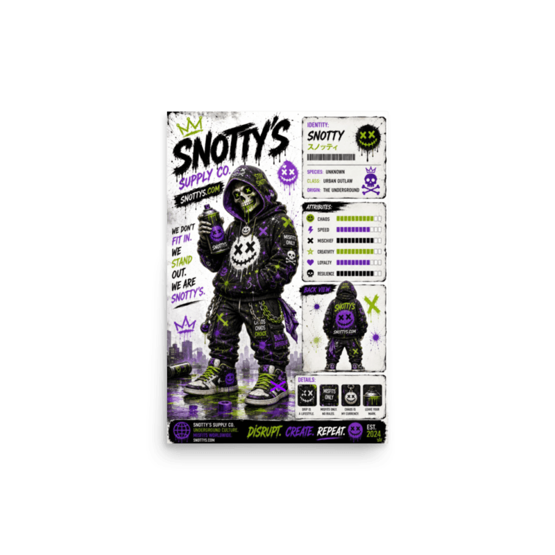 Matte 12×18 poster of the hooded skull-faced Urban Outlaw over a purple city skyline
