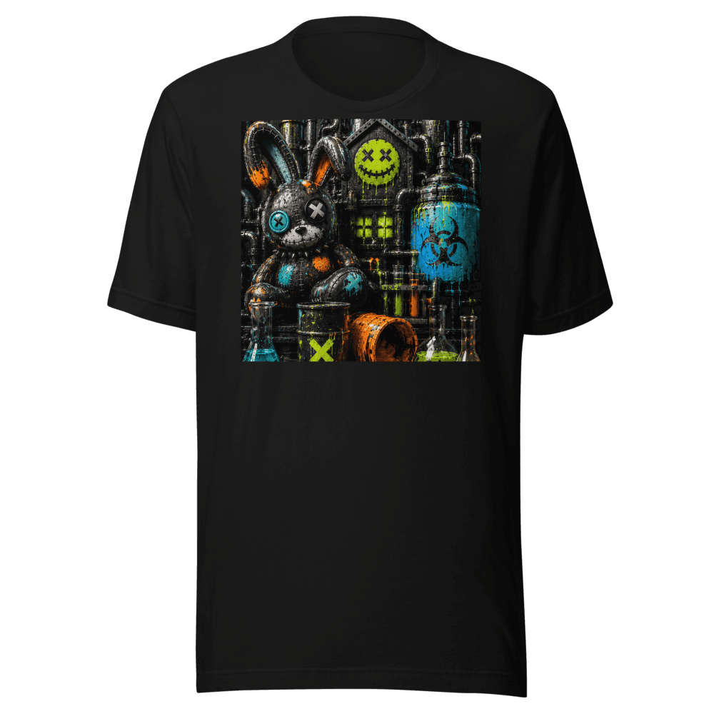 Black tee printed with a photoreal 3D vat room scene — stitched bunny, lime XX smiley, biohazard tank, and glowing flasks