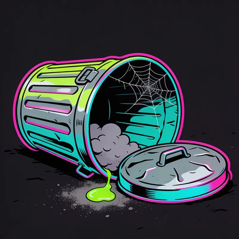 A tipped-over empty trash bin with a cobweb across the rim